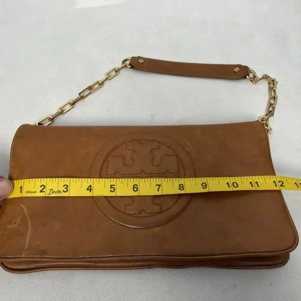 Tory Burch Reva Clutch Bag Cognac Bombe Leather Gold Chain Shoulder Purse